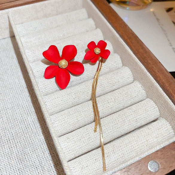 Retro Red Rose Petal Acrylic Earrings Flower Shape Festive Ear Studs