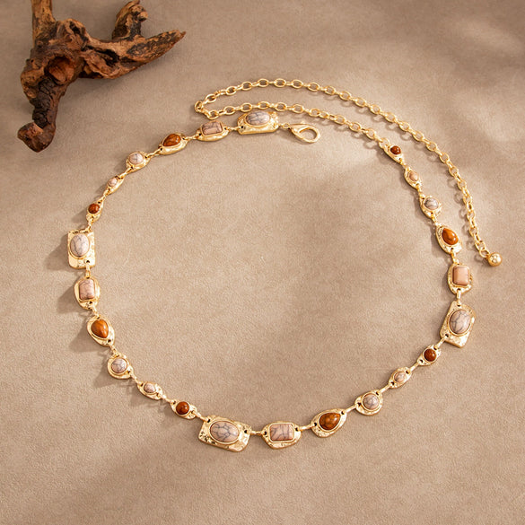 Retro Resin Gemstone Patchwork Waist Chain With Irregular Alloy Metal Edging And Lobster Clasp For Women