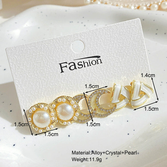 Retro Rhinestone Flower Pearl Geometric Metal Electroplating Unisex Earrings Set