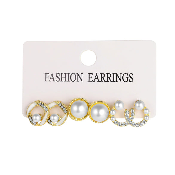 Retro Rhinestone Flower Pearl Geometric Metal Electroplating Unisex Earrings Set