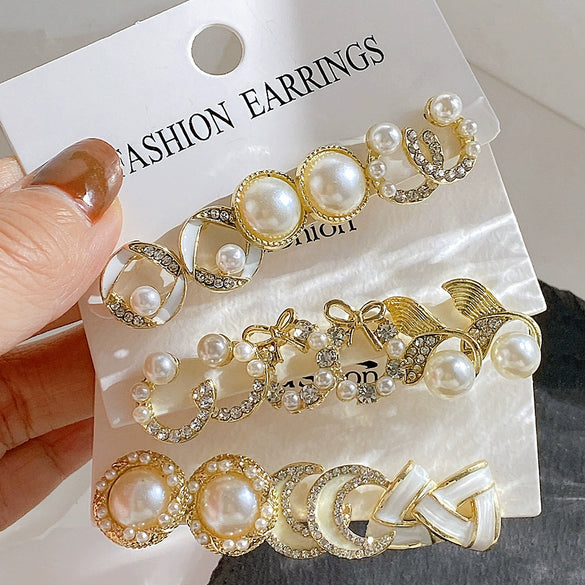 Retro Rhinestone Flower Pearl Geometric Metal Electroplating Unisex Earrings Set