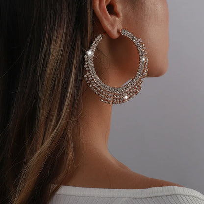 Retro Rhinestone Tassel Large Circle Claw Chain Earrings