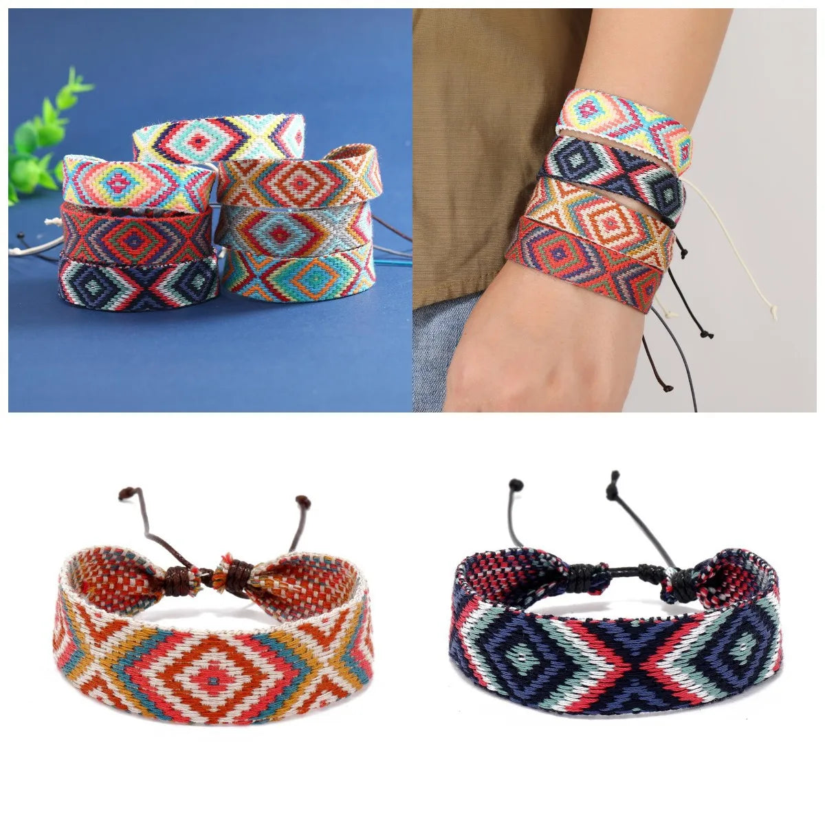 Retro Rhombus Cloth Rope Wax Line Women'S Bracelets