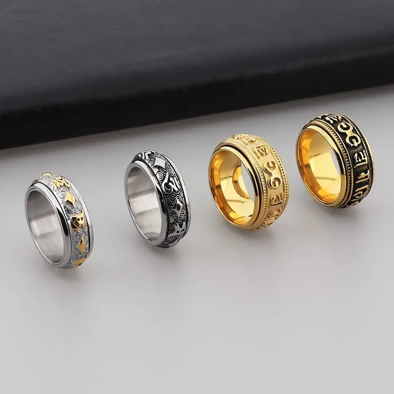 Retro Rock Classic Style Printing Rhombus Stainless Steel Titanium Steel Tungsten Steel 18K Gold Plated Unisex Rings