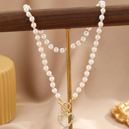 Retro Roman Style Commute Heart Shape Freshwater Pearl Copper Toggle Plating Inlay Zircon Pendant Necklace