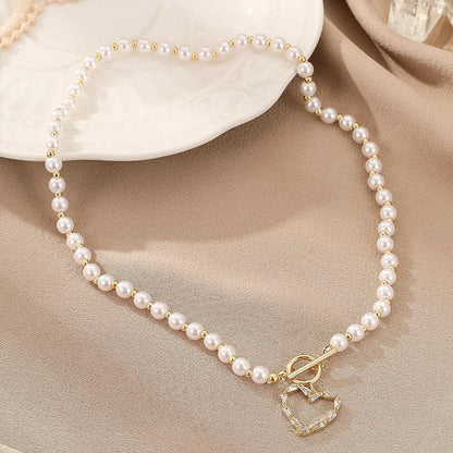 Retro Roman Style Commute Heart Shape Freshwater Pearl Copper Toggle Plating Inlay Zircon Pendant Necklace