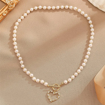 Retro Roman Style Commute Heart Shape Freshwater Pearl Copper Toggle Plating Inlay Zircon Pendant Necklace