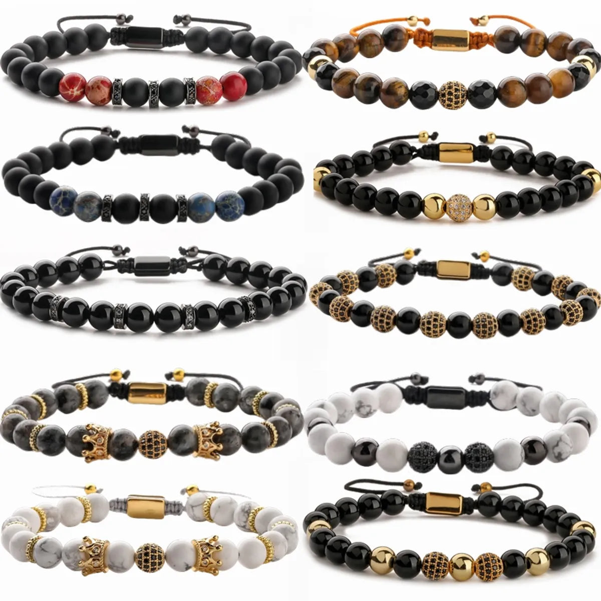 Retro Roman Style Geometric Howlite Stone Tiger Eye Beaded Inlay Zircon Unisex Bracelets