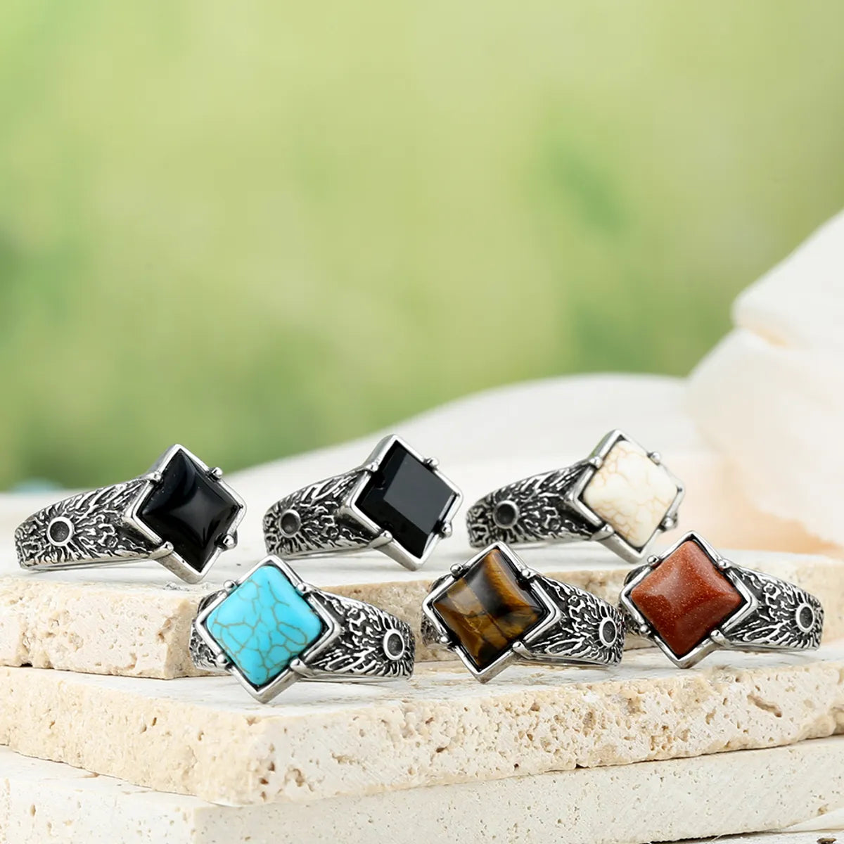 Retro Roman Style Square 316 Stainless Steel  Inlay Artificial Gemstones Turquoise Men'S Rings