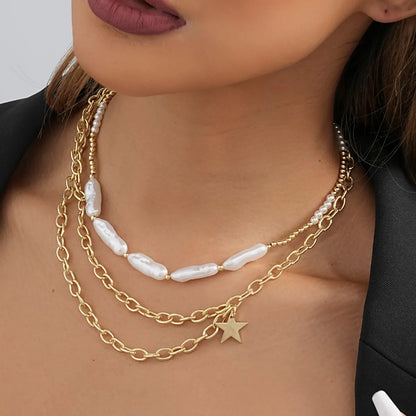 Retro Roman Style Star Imitation Pearl Alloy Layered Plating Women's Three Layer Necklace