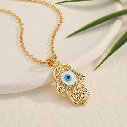 Retro Romantic Palm Eye Copper Plating Inlay Zircon Gold Plated Pendant Necklace