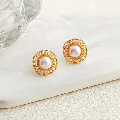 Retro Round Alloy Plating Inlay Pearl Women's Ear Studs 1 Pair