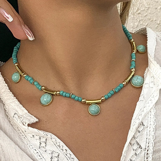 Retro Round Beaded Alloy Turquoise Women'S Necklace