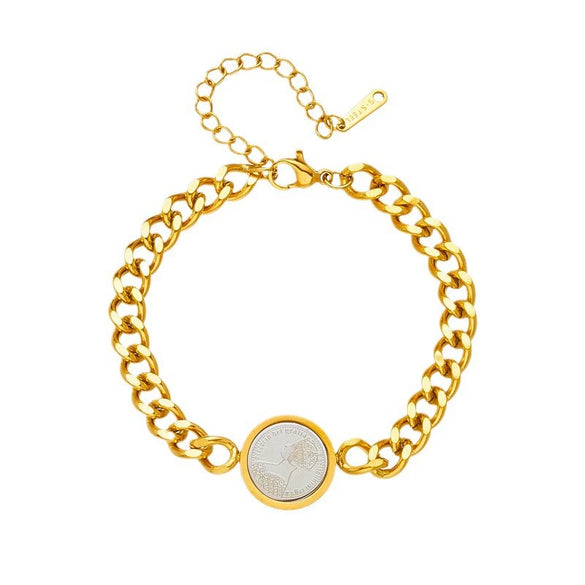 Retro Round Card Carving Queen Portrait Titanium Steel Connection Chain Bracelet With Geometric Pattern And Electroplating