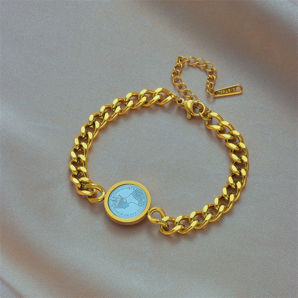 Retro Round Card Carving Queen Portrait Titanium Steel Connection Chain Bracelet With Geometric Pattern And Electroplating