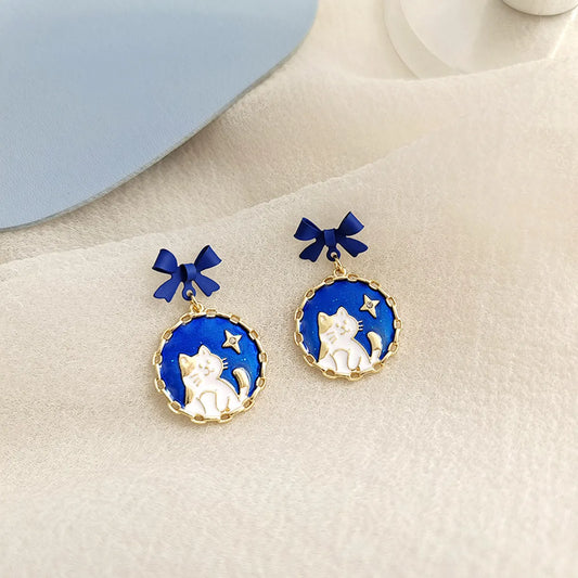 Retro Round Cat Bow Knot Alloy Enamel Stoving Varnish Earrings