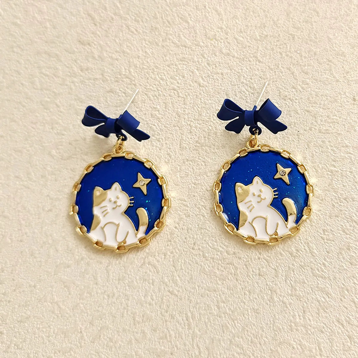 Retro Round Cat Bow Knot Alloy Enamel Stoving Varnish Earrings