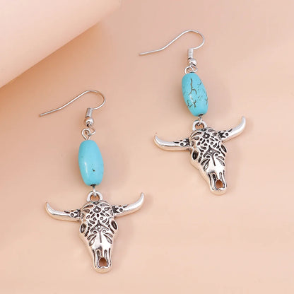 Retro Round Cattle Leopard Alloy Wood Inlay Turquoise Women's Drop Earrings 1 Pair