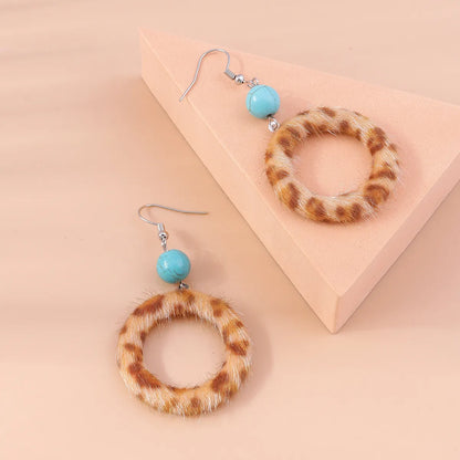 Retro Round Cattle Leopard Alloy Wood Inlay Turquoise Women's Drop Earrings 1 Pair