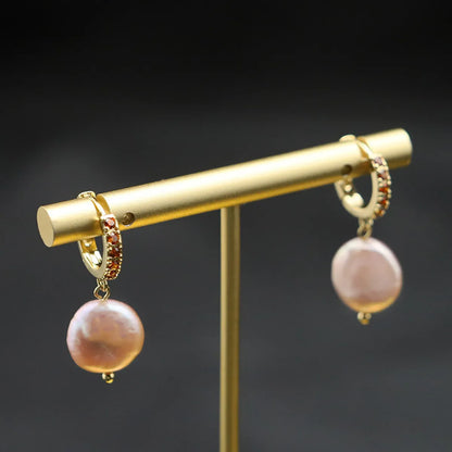 Retro Round Flower Pearl Copper Patchwork Zircon Drop Earrings 1 Pair