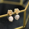 Retro Round Flower Pearl Copper Patchwork Zircon Drop Earrings 1 Pair