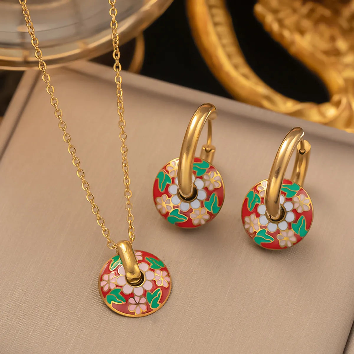 Retro Round Flower Titanium Steel Enamel Plating Earrings Necklace