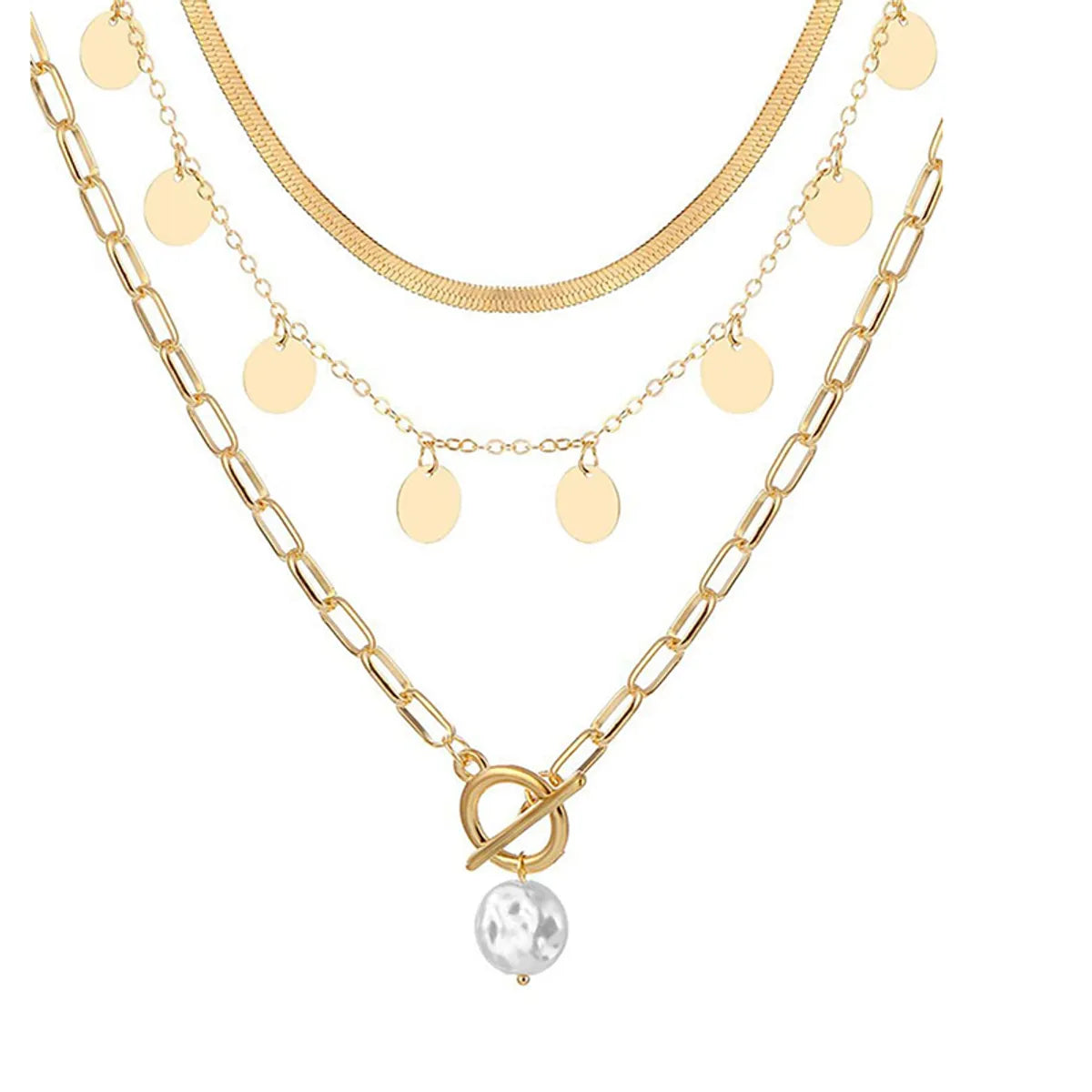 Retro Round Imitation Pearl Alloy Toggle Women's Layered Necklaces