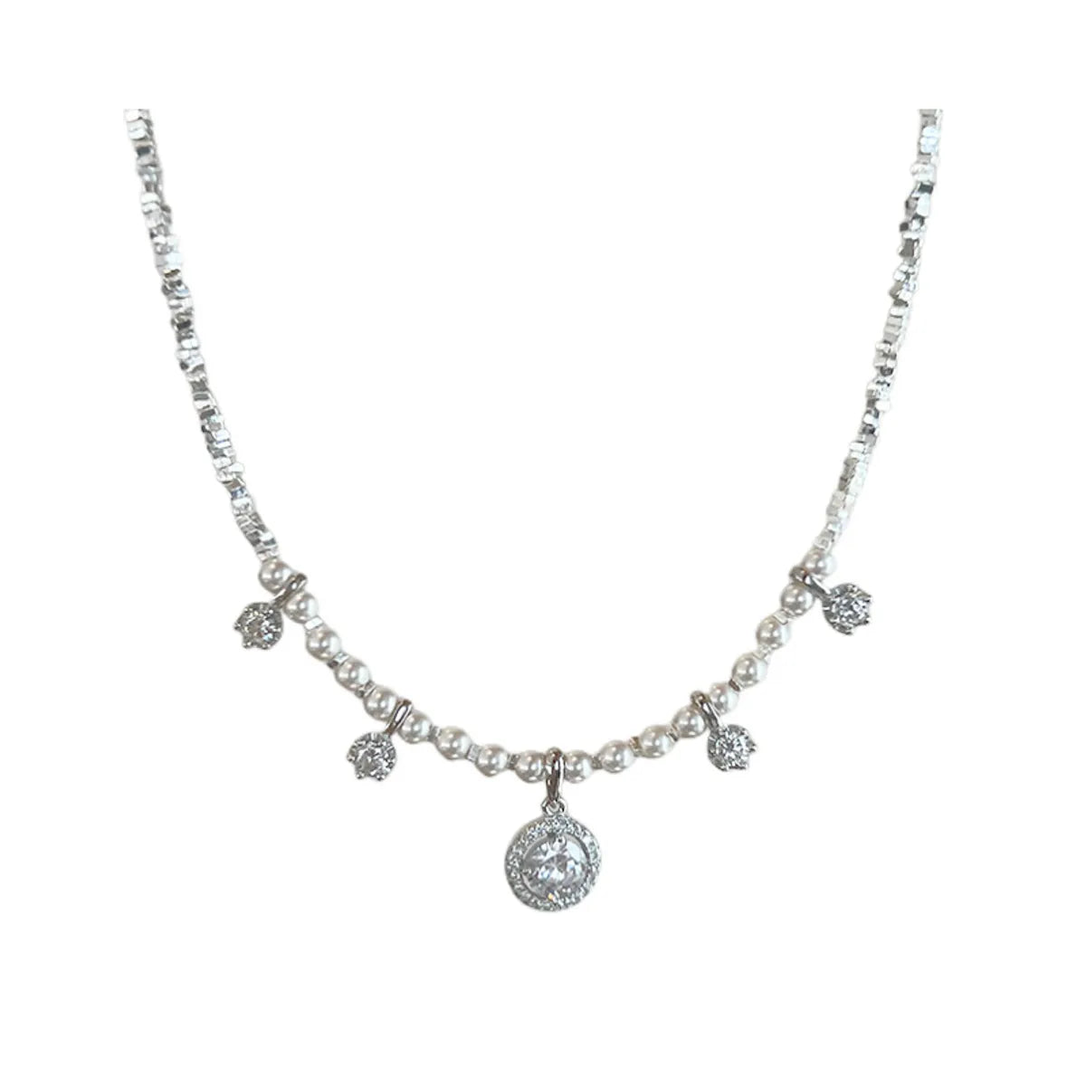 Retro Round Imitation Pearl Sterling Silver Inlay Zircon Necklace