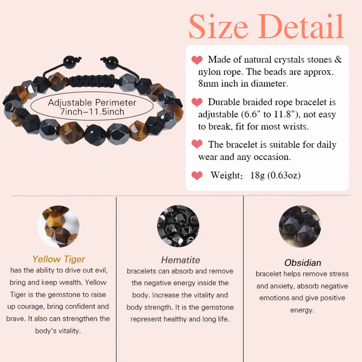 Retro Round Natural Stone Tiger Eye Obsidian Beaded Men'S Bracelets