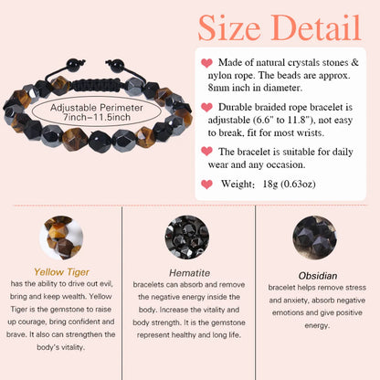 Retro Round Natural Stone Tiger Eye Obsidian Beaded Men'S Bracelets