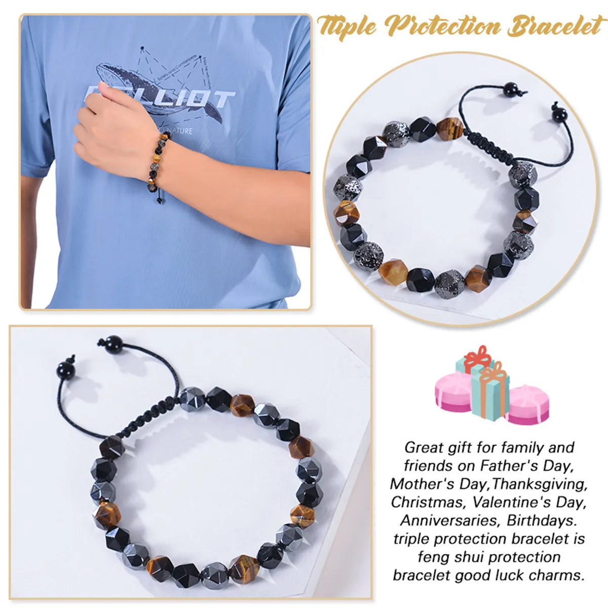 Retro Round Natural Stone Tiger Eye Obsidian Beaded Men'S Bracelets