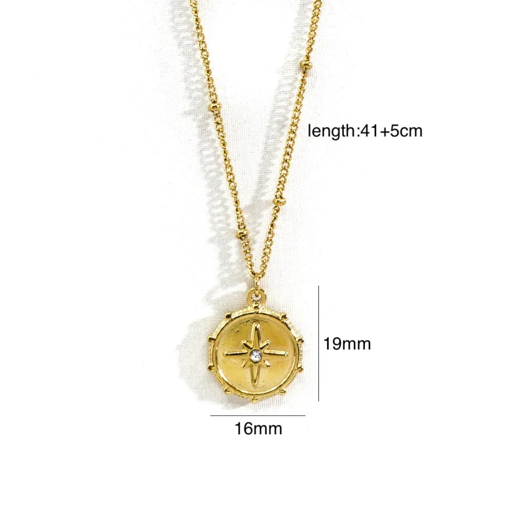 304 Stainless Steel 14K Gold Plated Retro Inlay Round Square Star Zircon Pendant Necklace