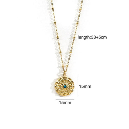 304 Stainless Steel 14K Gold Plated Retro Inlay Round Square Star Zircon Pendant Necklace