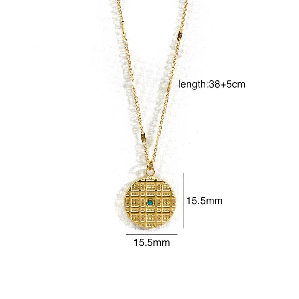 304 Stainless Steel 14K Gold Plated Retro Inlay Round Square Star Zircon Pendant Necklace