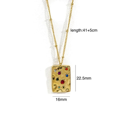 304 Stainless Steel 14K Gold Plated Retro Inlay Round Square Star Zircon Pendant Necklace