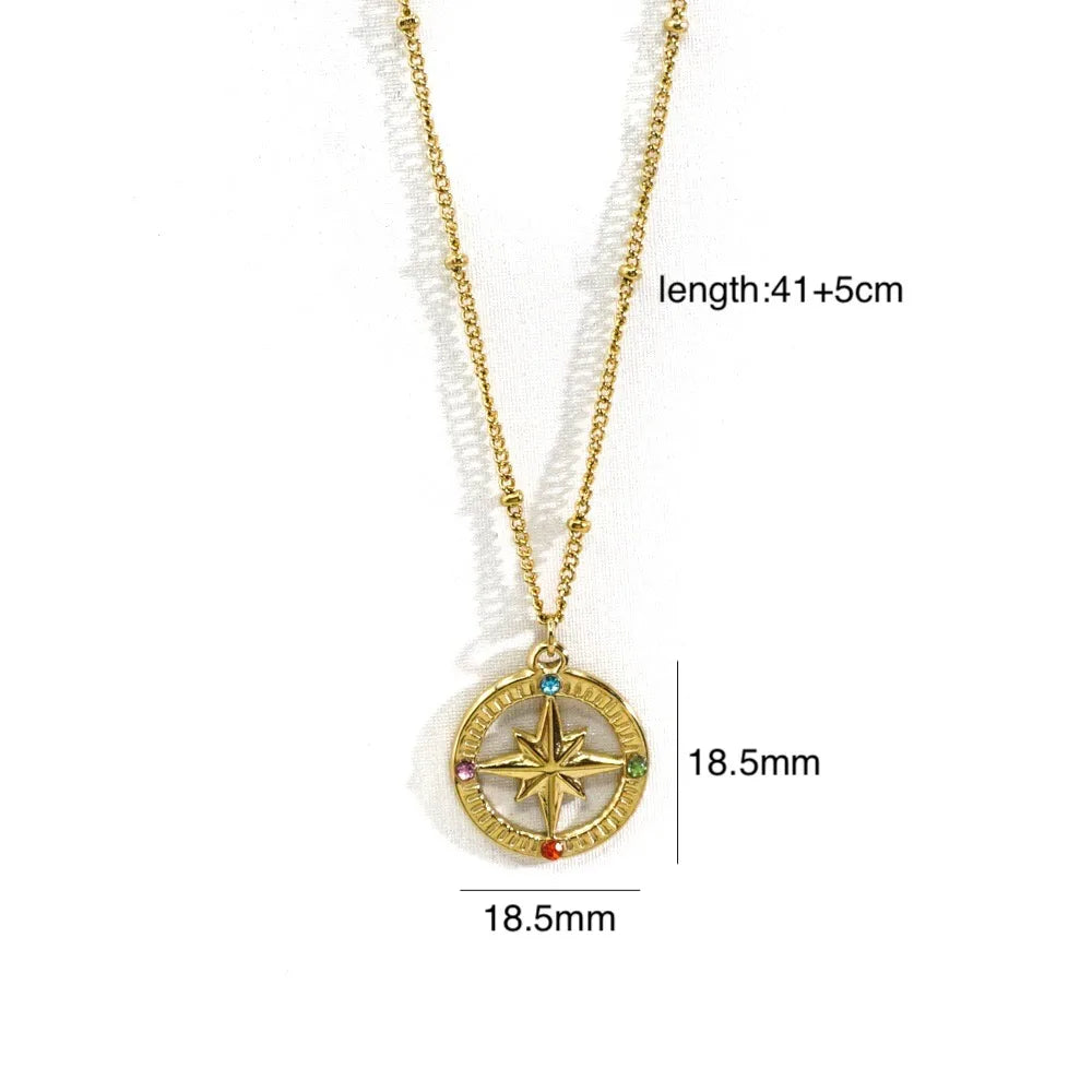 304 Stainless Steel 14K Gold Plated Retro Inlay Round Square Star Zircon Pendant Necklace