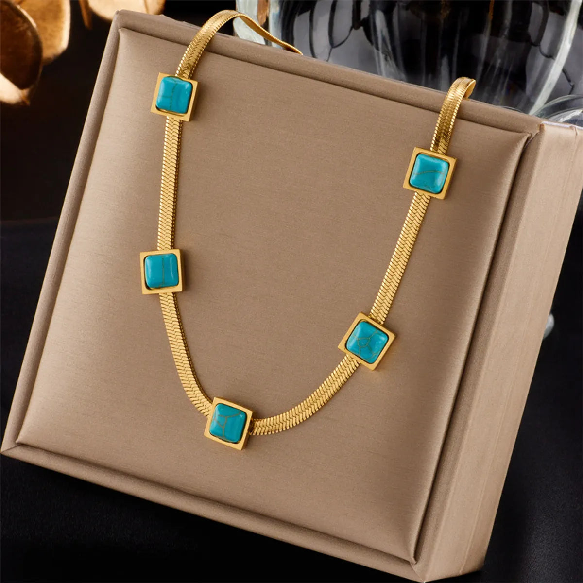 Retro Round Square Titanium Steel Plating Inlay Turquoise Necklace