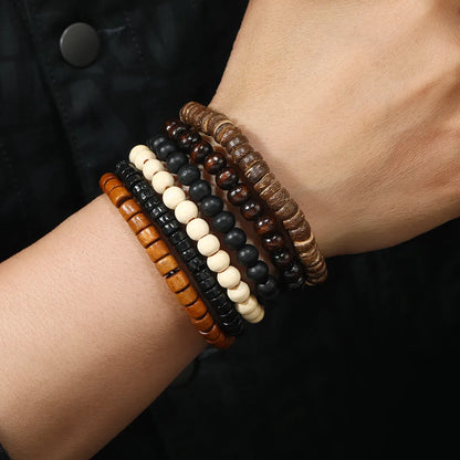 Retro Round Wood Beaded Men'S Bracelets