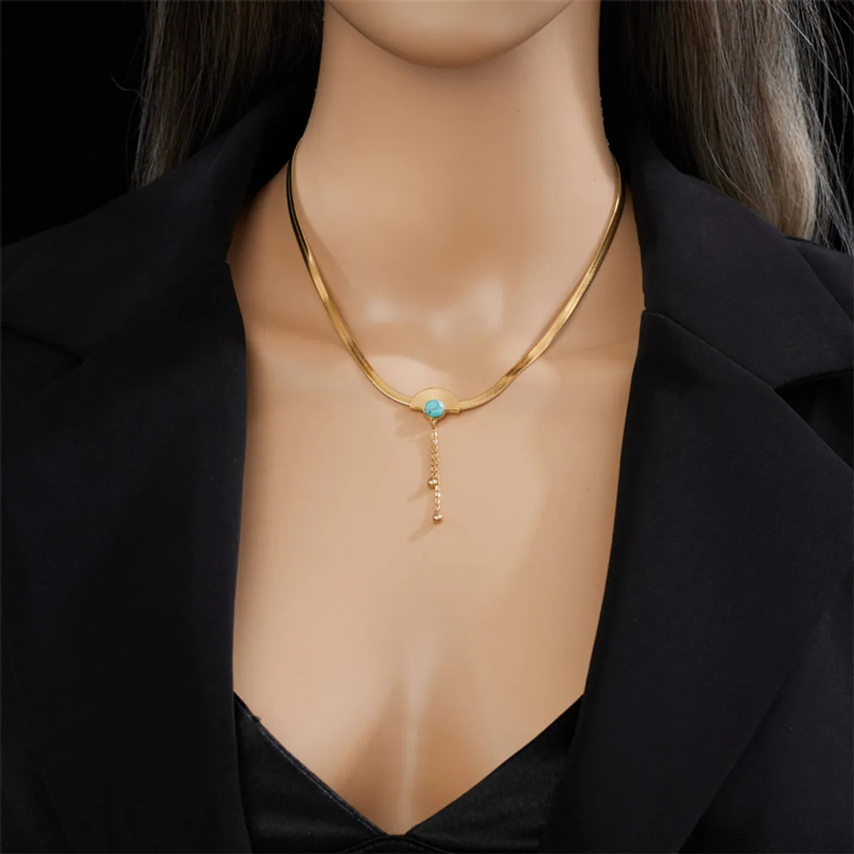 Retro Sector Titanium Steel Plating Inlay Turquoise 18k Gold Plated Necklace