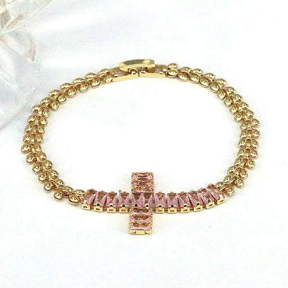 Retro Shiny Cross Copper Gold Plated Zircon Bracelets In Bulk