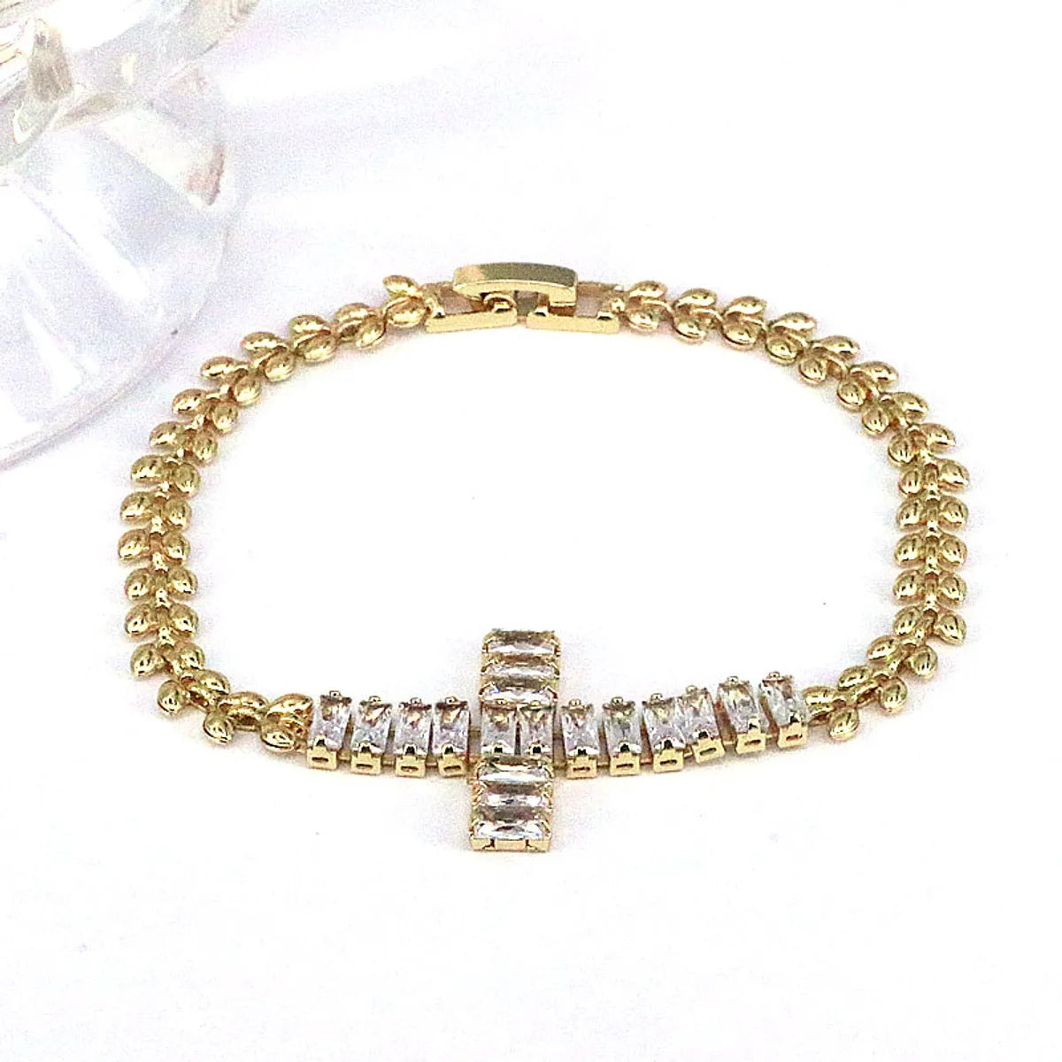 Retro Shiny Cross Copper Gold Plated Zircon Bracelets In Bulk