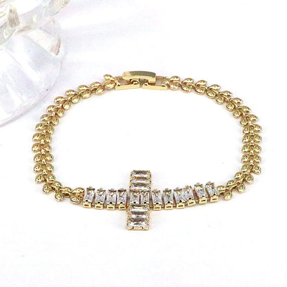 Retro Shiny Cross Copper Gold Plated Zircon Bracelets In Bulk