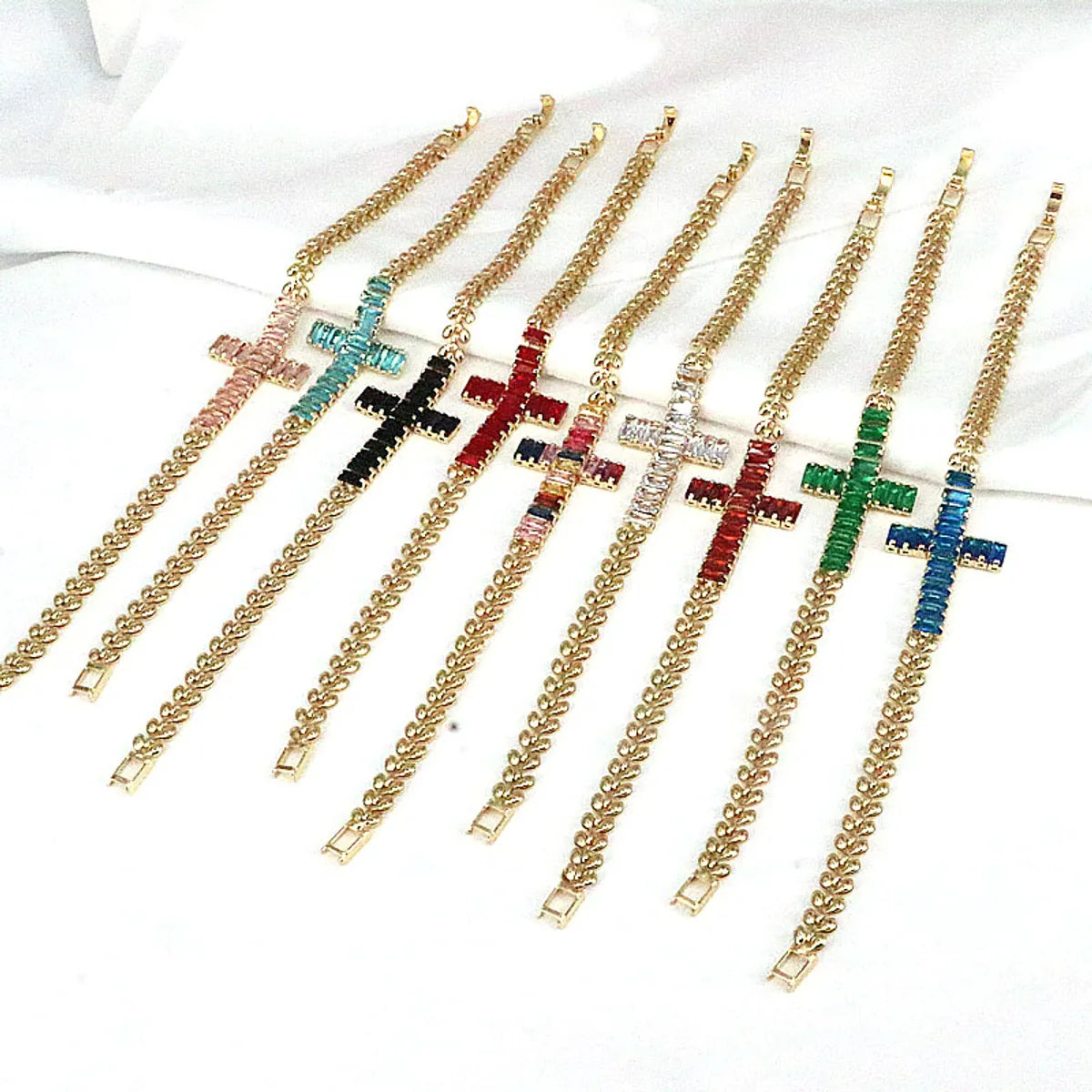 Retro Shiny Cross Copper Gold Plated Zircon Bracelets In Bulk