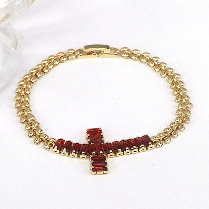 Retro Shiny Cross Copper Gold Plated Zircon Bracelets In Bulk