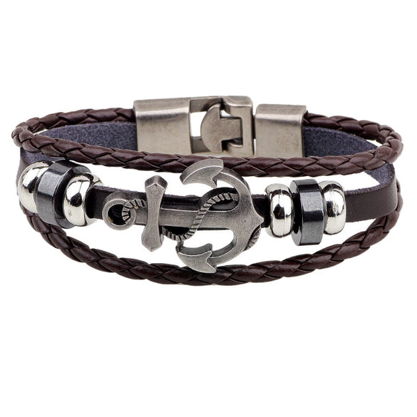 Retro Ship Anchor Multilayer Woven Cowhide Bracelet With Geometric Pattern And Electroplating Treatment
