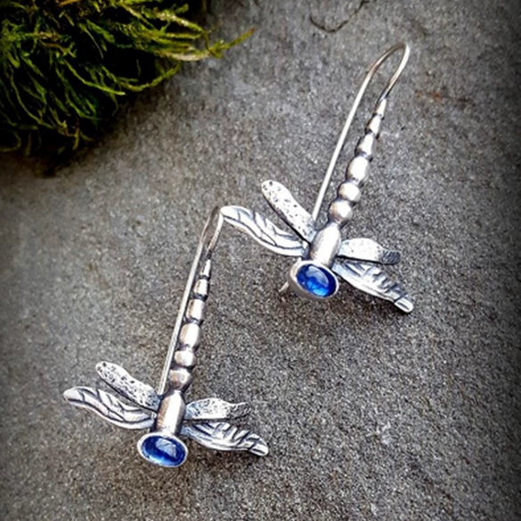 Retro Silver Tone Alloy Dragonfly Hook Earrings Electroplated Multicolor Insect Dangle Earrings For Women