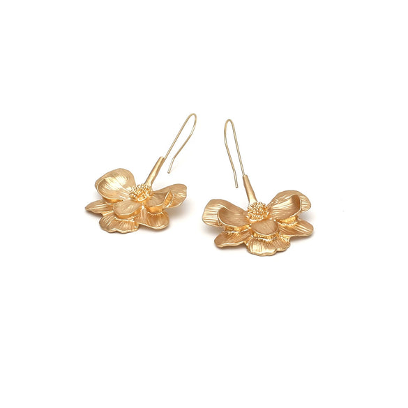 Retro Simple Allmatch Long Golden Flower Ear Hook Earrings For Women Made Of Alloy With Electroplating Design