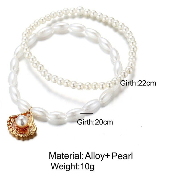 Retro Simple Artificial Pearl Shell Pendant Double Layer Alloy Anklet For Women Summer Beach