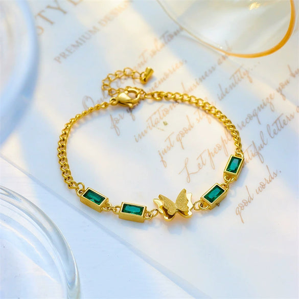 Retro Simple Jewelry Versatile Bracelet Stainless Steel Chain Butterfly Square Green