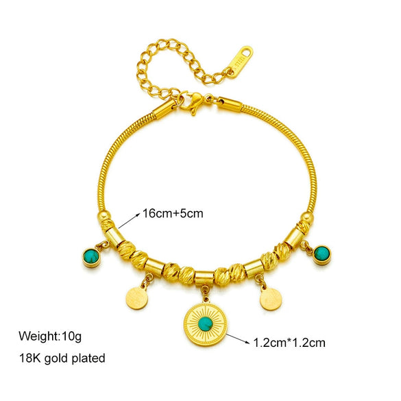 Retro Simple Light Luxury Round Turquoise Pendant Titanium Steel Geometric Irregular Beaded Bracelet With Electroplating